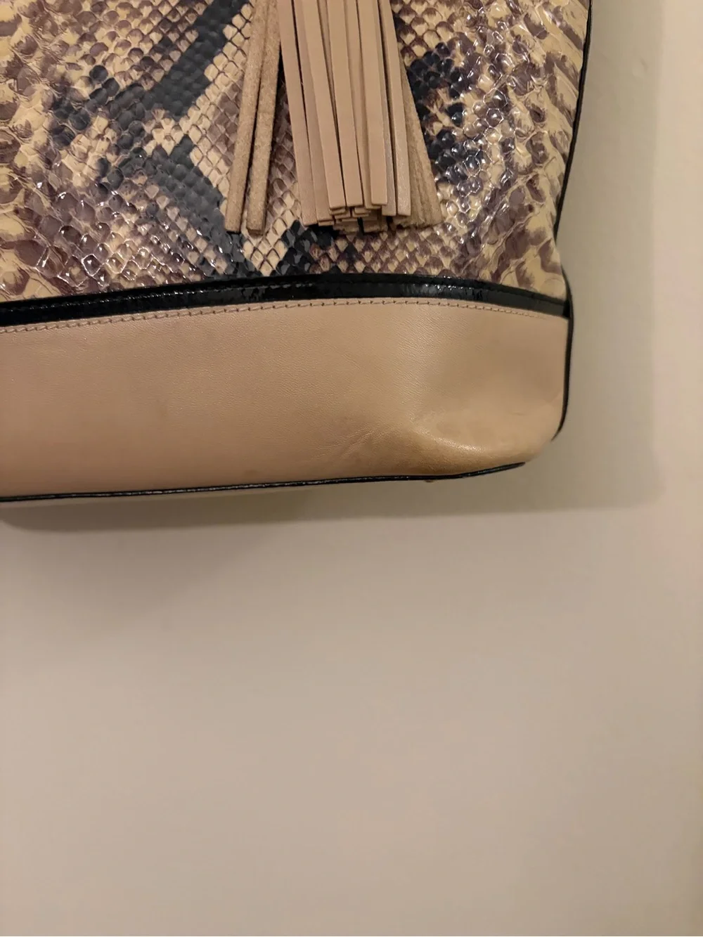 Brahmin Taupe Snake-Print Tote with Tassel